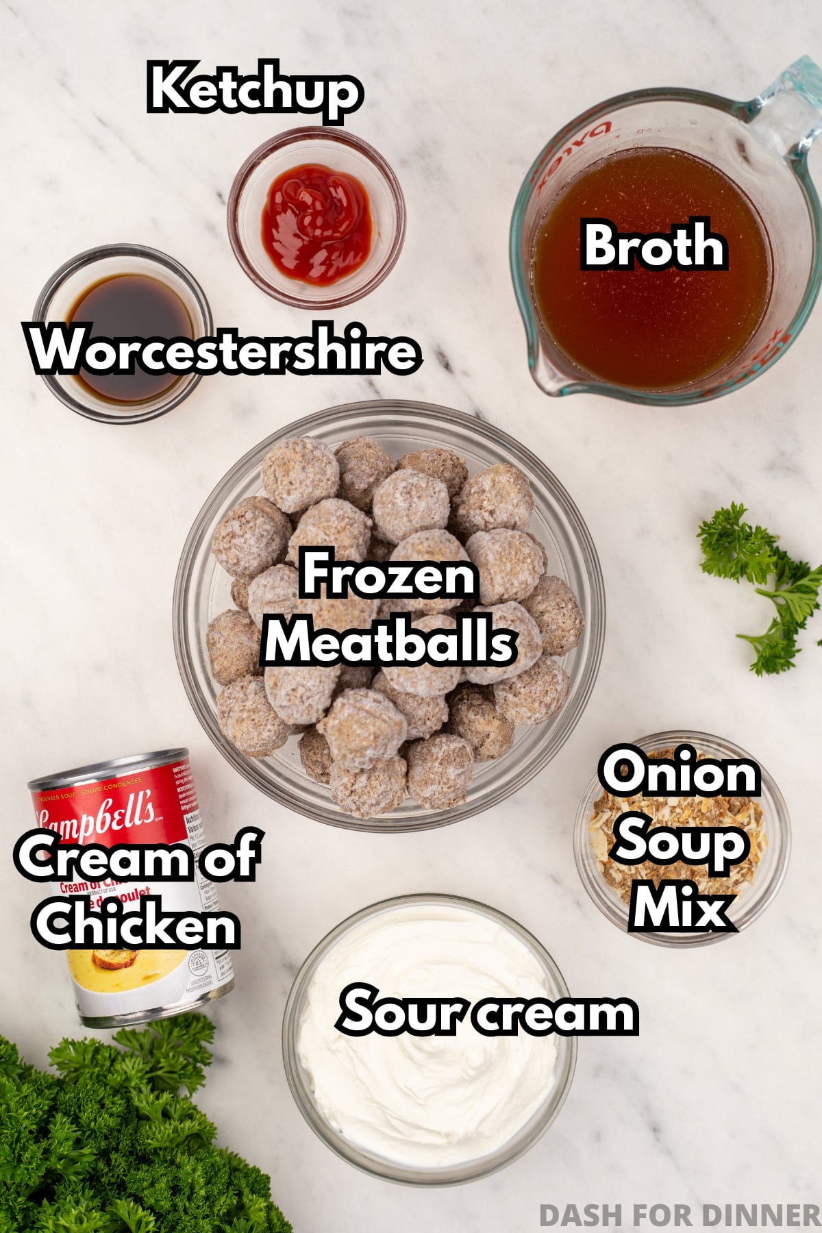 The ingredients needed to make swedish meatballs, including frozen meatballs, sour cream, and cream of chicken soup.