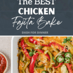 A baking dish filled with chicken and peppers, topped with cheese.