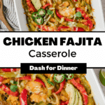 A baking dish filled with chicken, peppers, onion, and cheese.