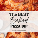 A breadstick being dipped into a hot gooey pizza dip.