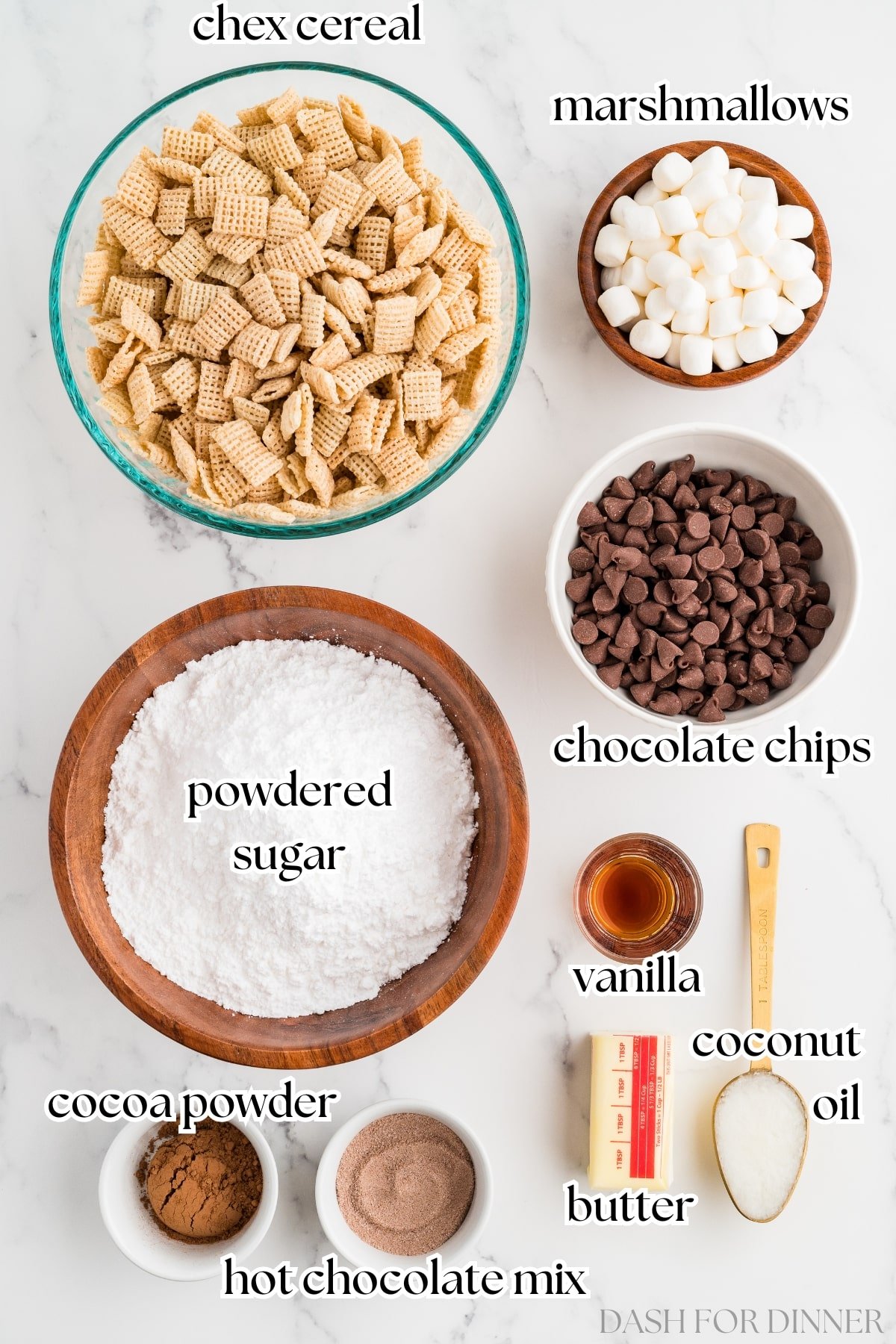 The ingredients needed in order to make muddy buddies, including chex, chocolate chips, and powdered sugar.