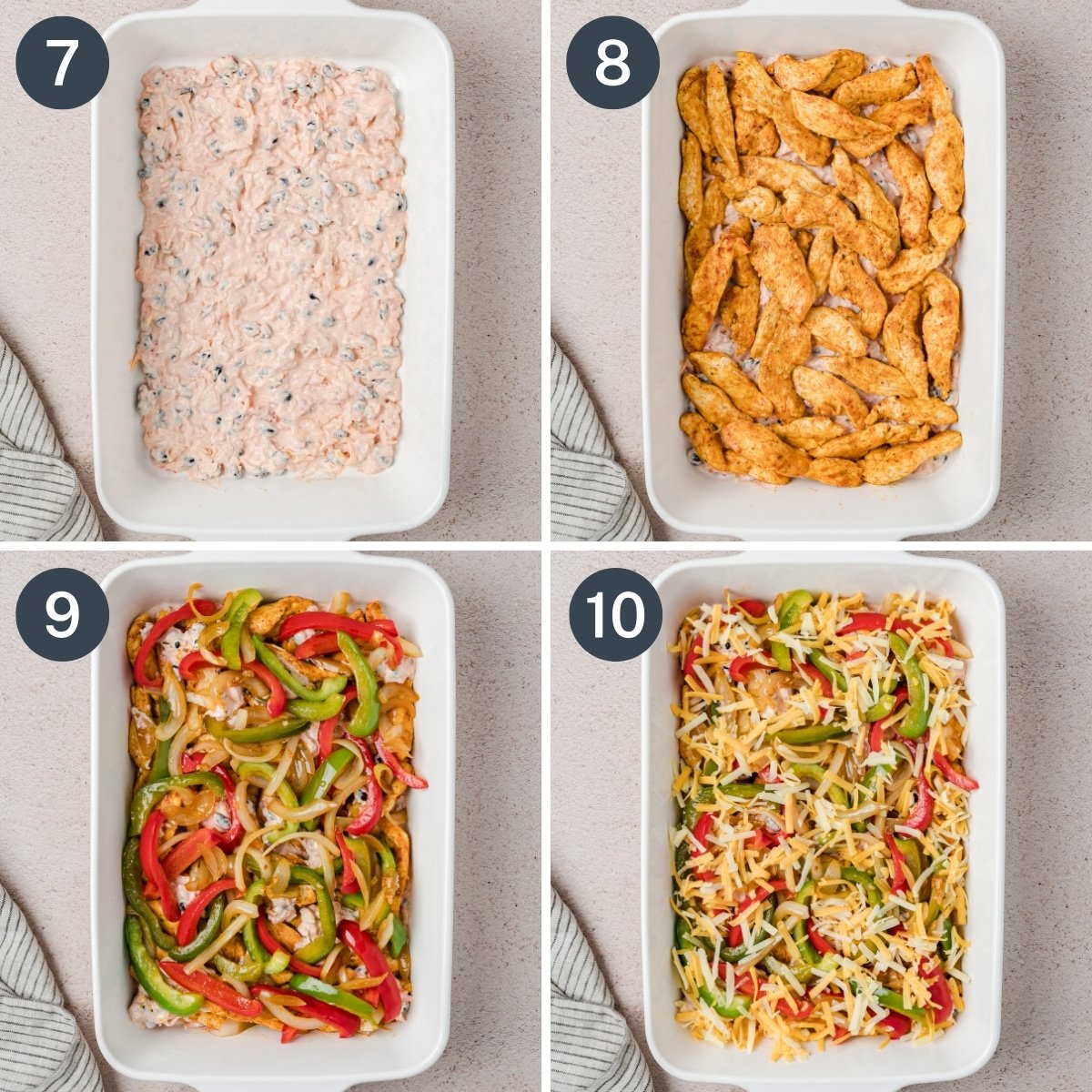 Layering a baking dish with creamy sauce, chicken, peppers, and cheese.