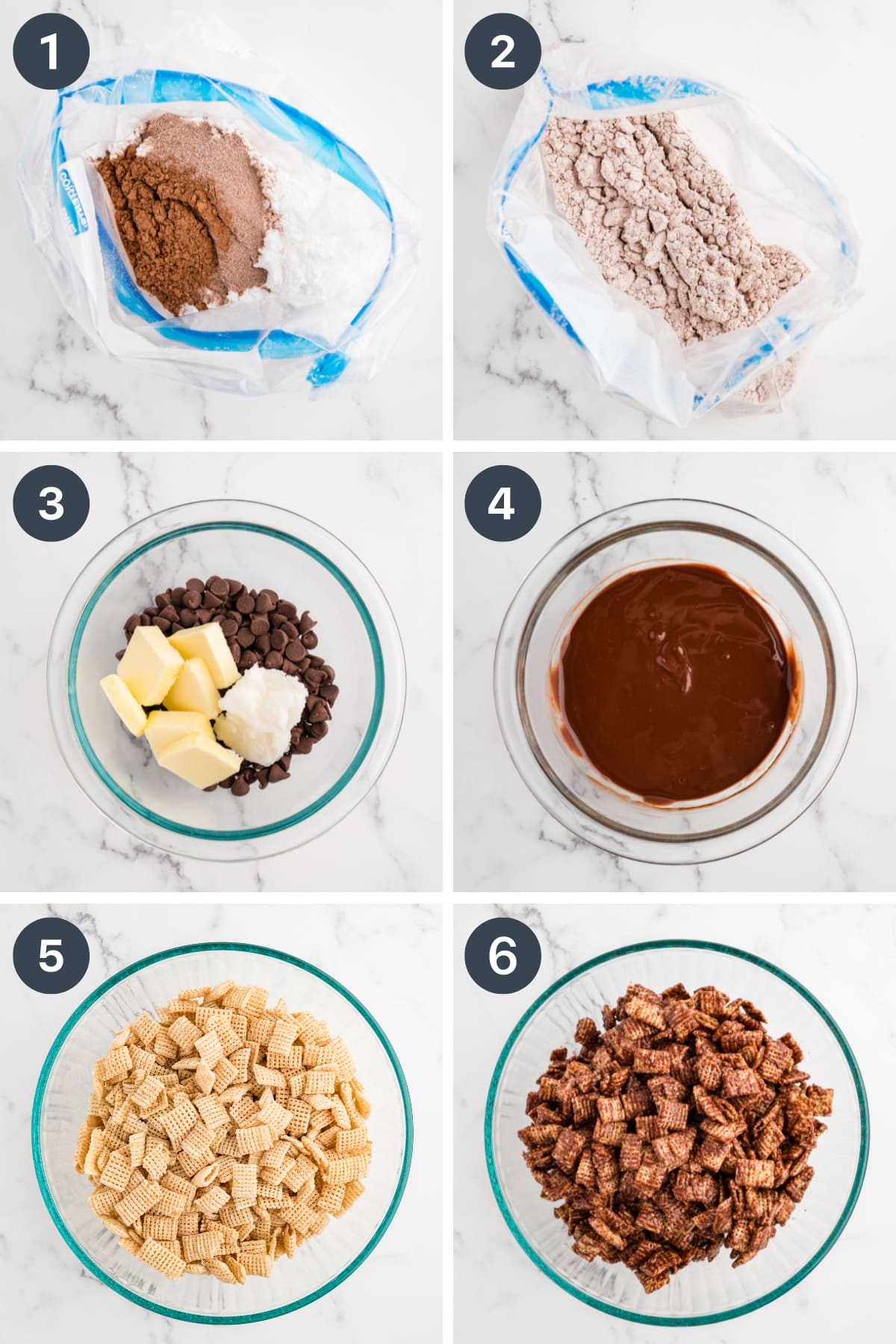 Making Chex muddy buddies by coating cereal in chocolate, then in a powdered sugar mixture.