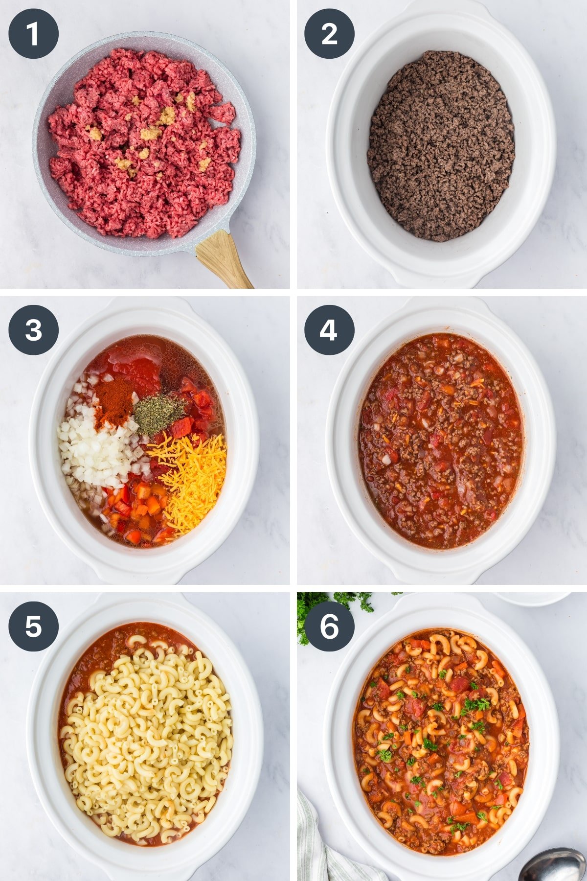 Adding ground beef to a slow cooker, then adding diced tomatoes, cheese, onion, pepper, etc.