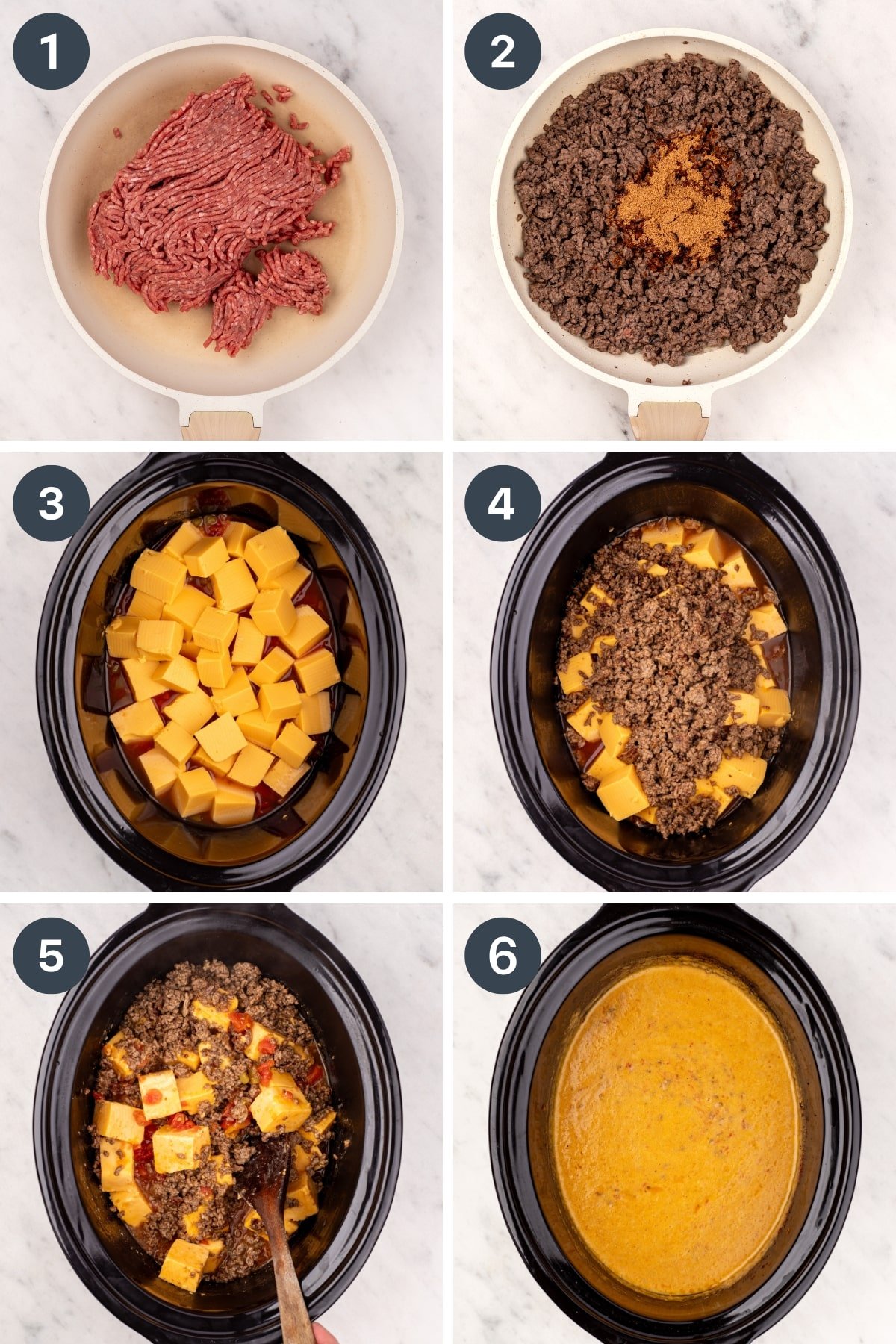 Adding browned ground beef to a slow cooker with cubed American cheese and rotel tomatoes.