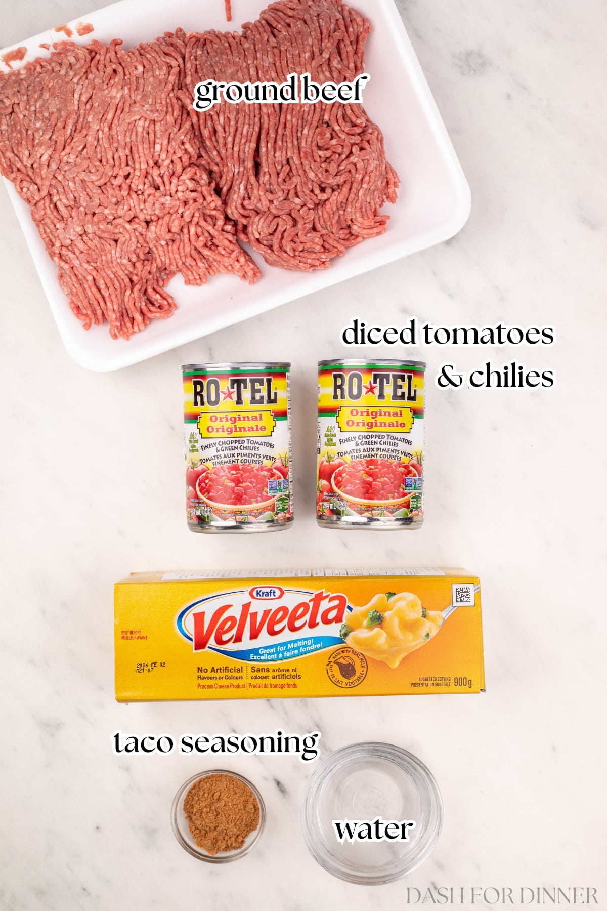 The ingredients needed to make rotel dip, including ground beef, rotel, velveeta, taco seasoning, and water.