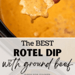 A tortilla chip dipping into a melty cheese dip in a slow cooker.