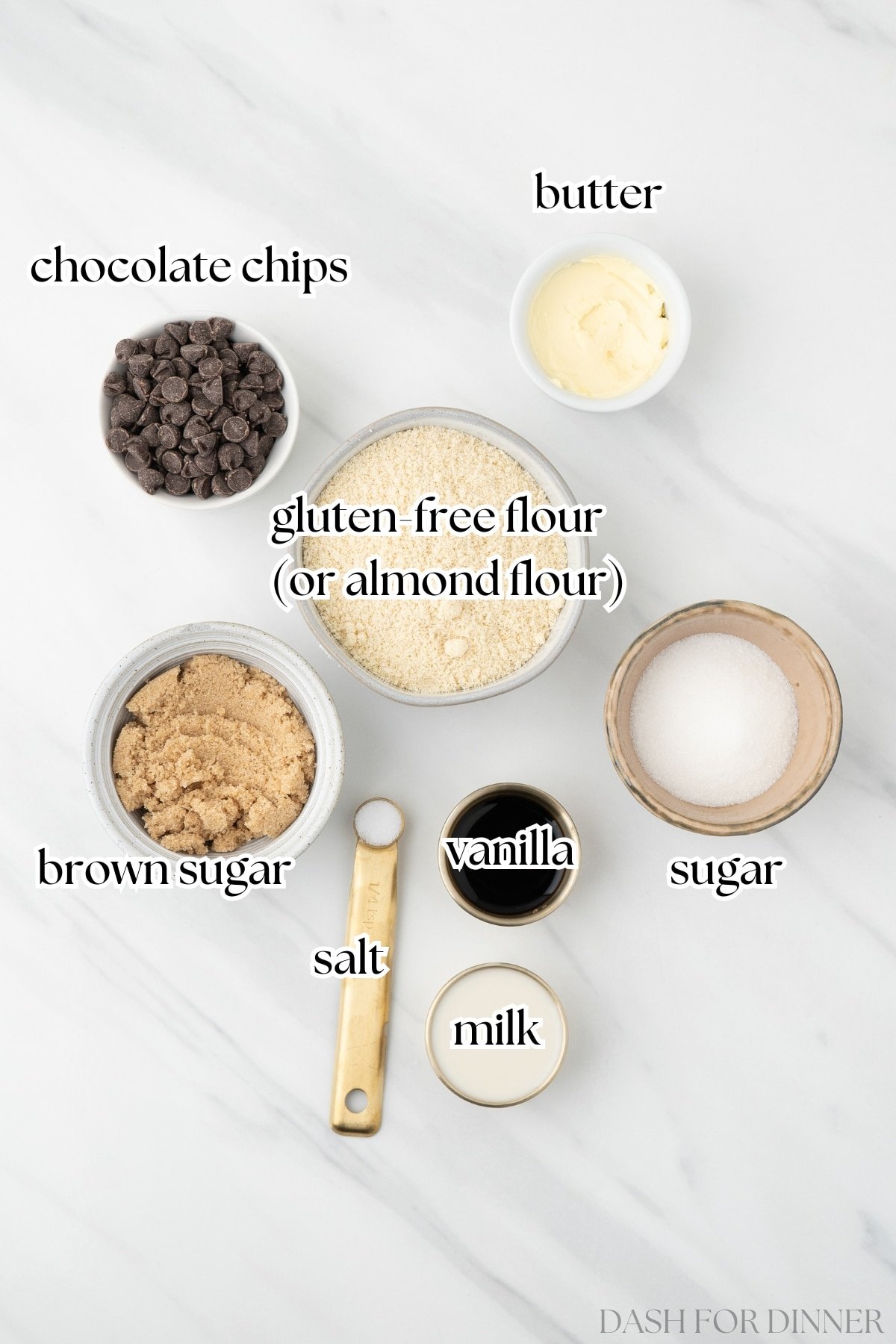 The ingredients needed to make edible cookie dough, including butter, sugar, milk, and flour of choice.