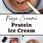 A spoon scooping soft ice cream from a Ninja Creami container.