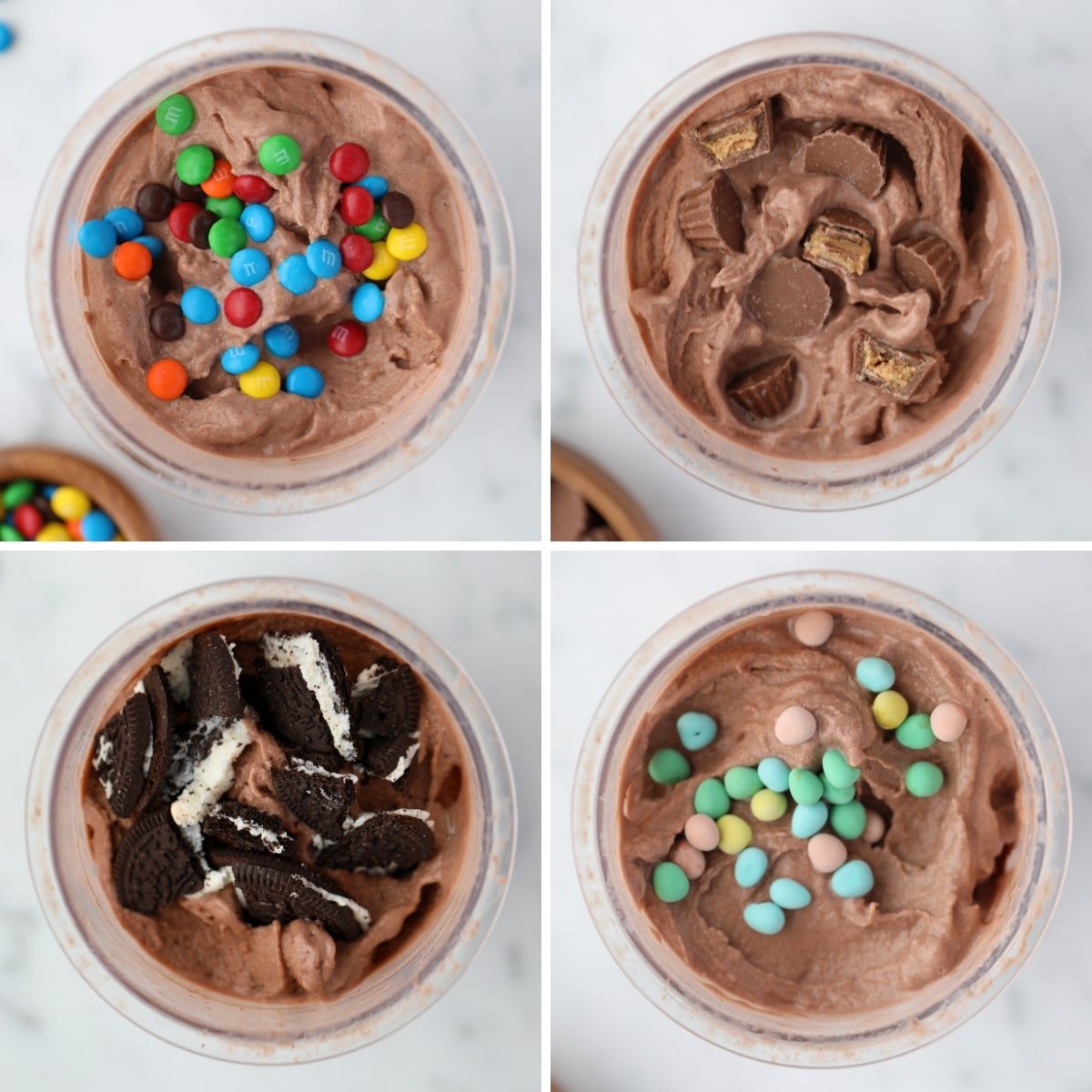 4 containers of ninja creami chocolate ice cream, each with different candy or chocolate mix-ins.