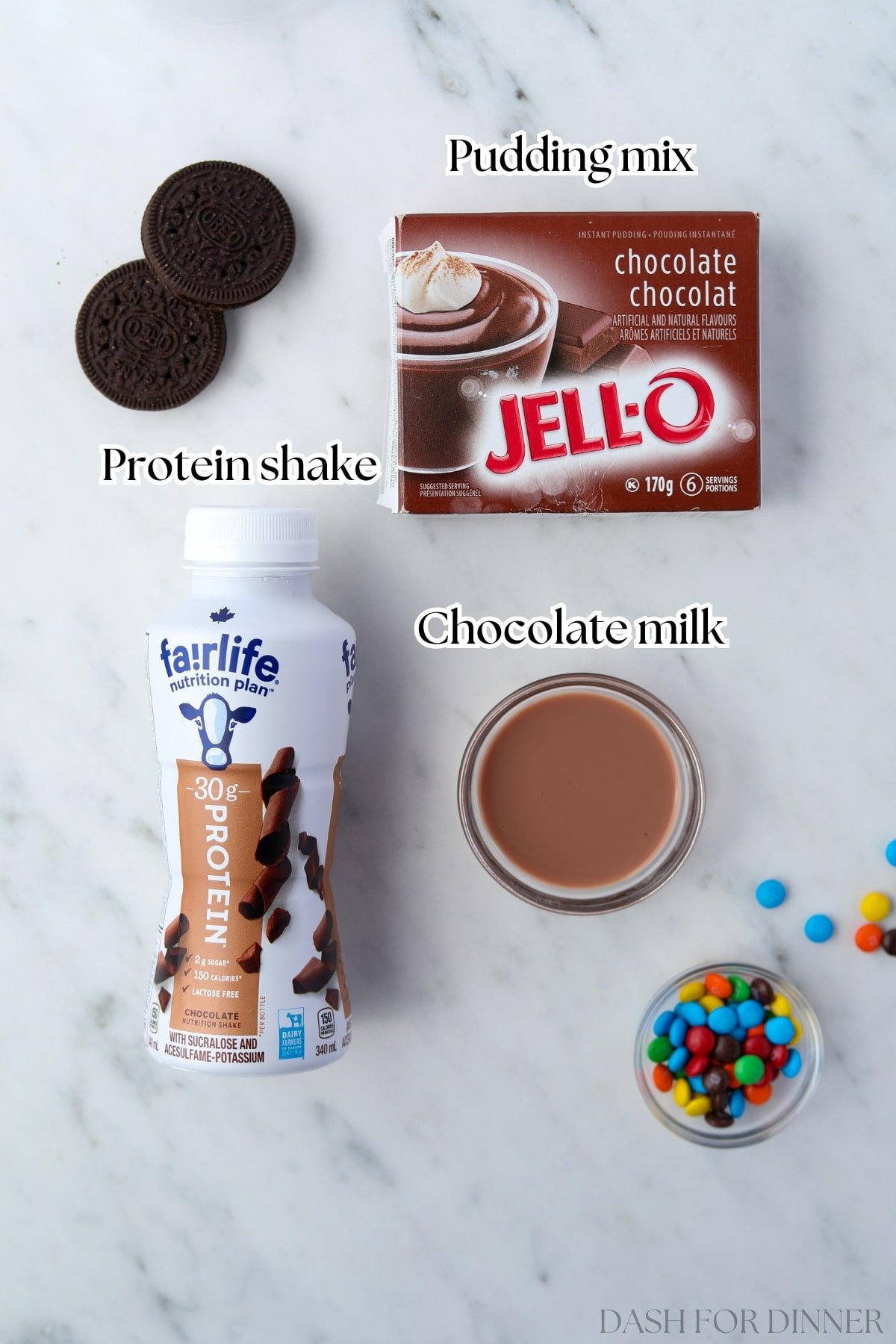 The ingredients needed to make easy protein ice cream: a premade protein shake, pudding mix, and a splash of milk.