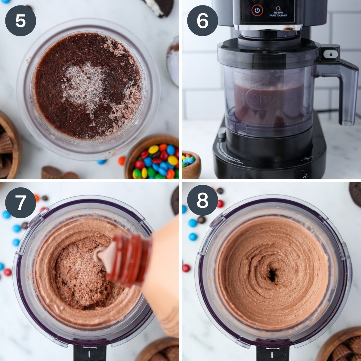 Adding a frozen container of ice cream to a Ninja Creami machine, and spinning until smooth.