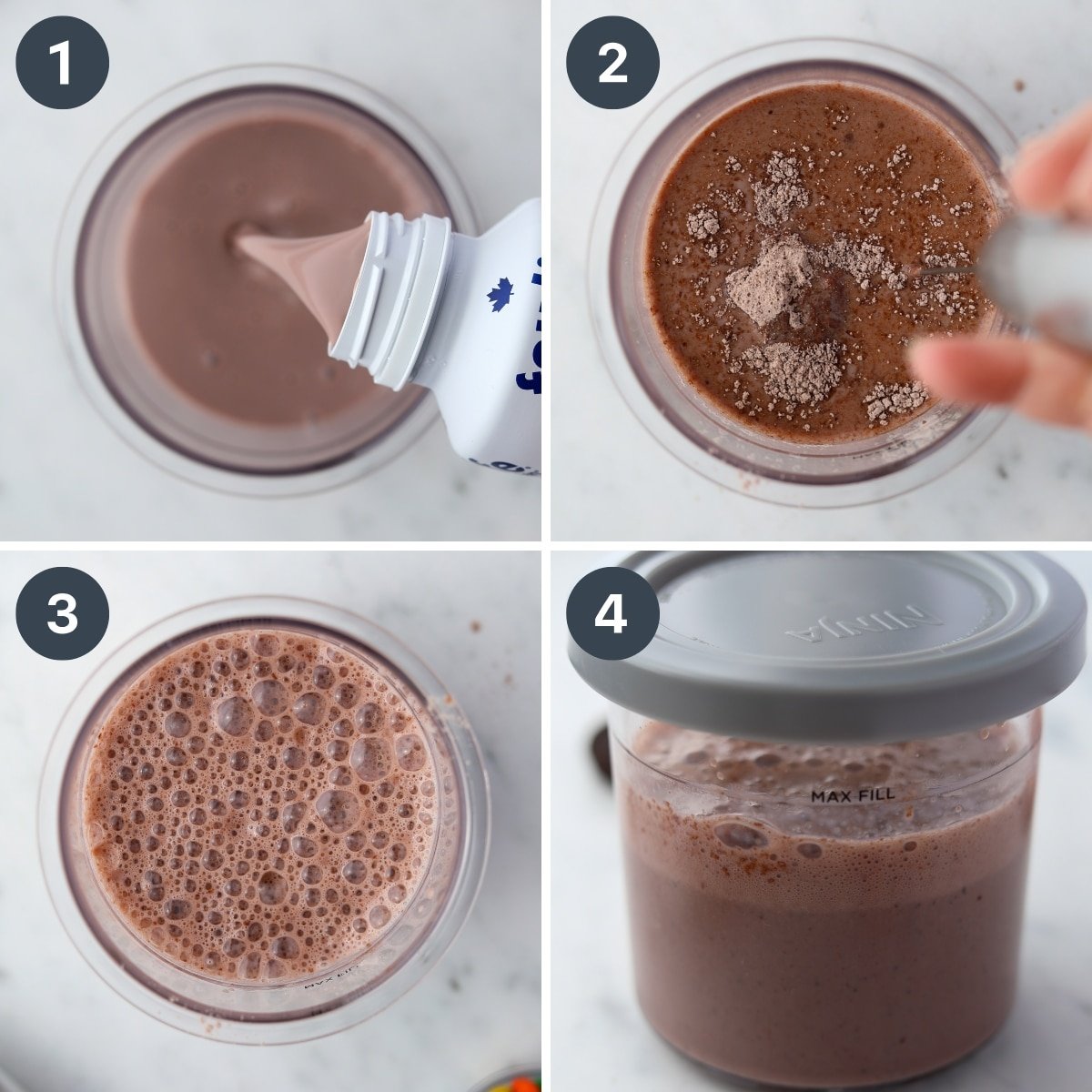 Adding a protein shake to a ninja creami container, along with pudding mix.
