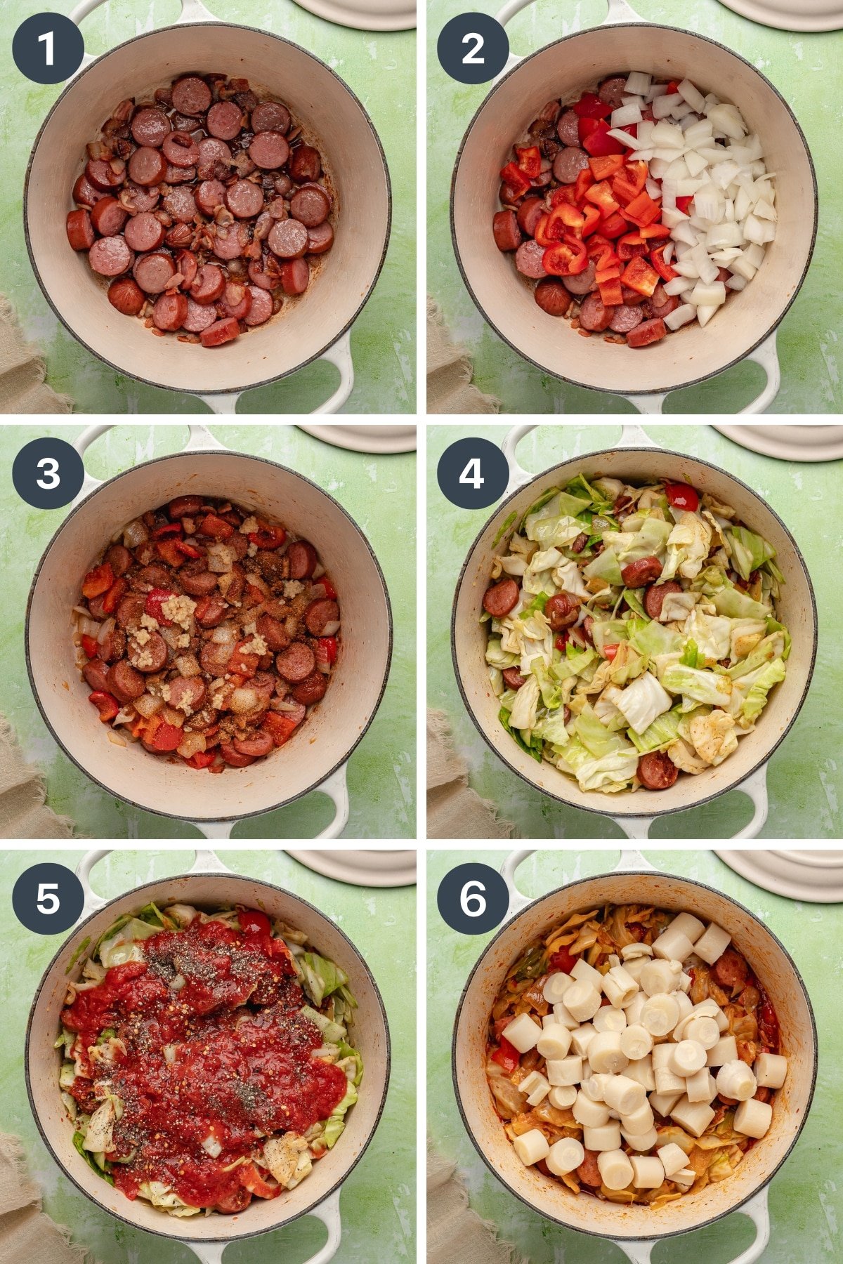 Adding cabbage to a pot of sausage, bacon, red pepper, and onion.