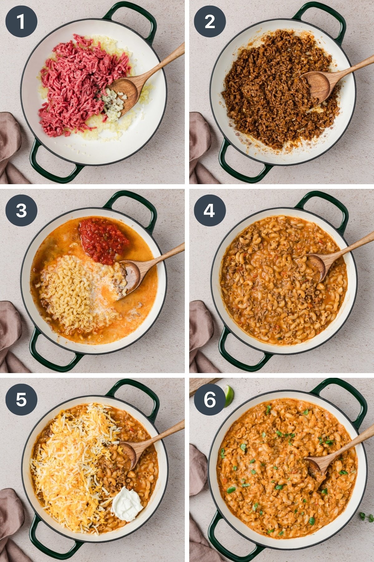 Browning ground beef, then adding liquid, macaroni, and other ingredients.