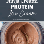 A spoon scooping chocolate ice cream from a Ninja Creami container.