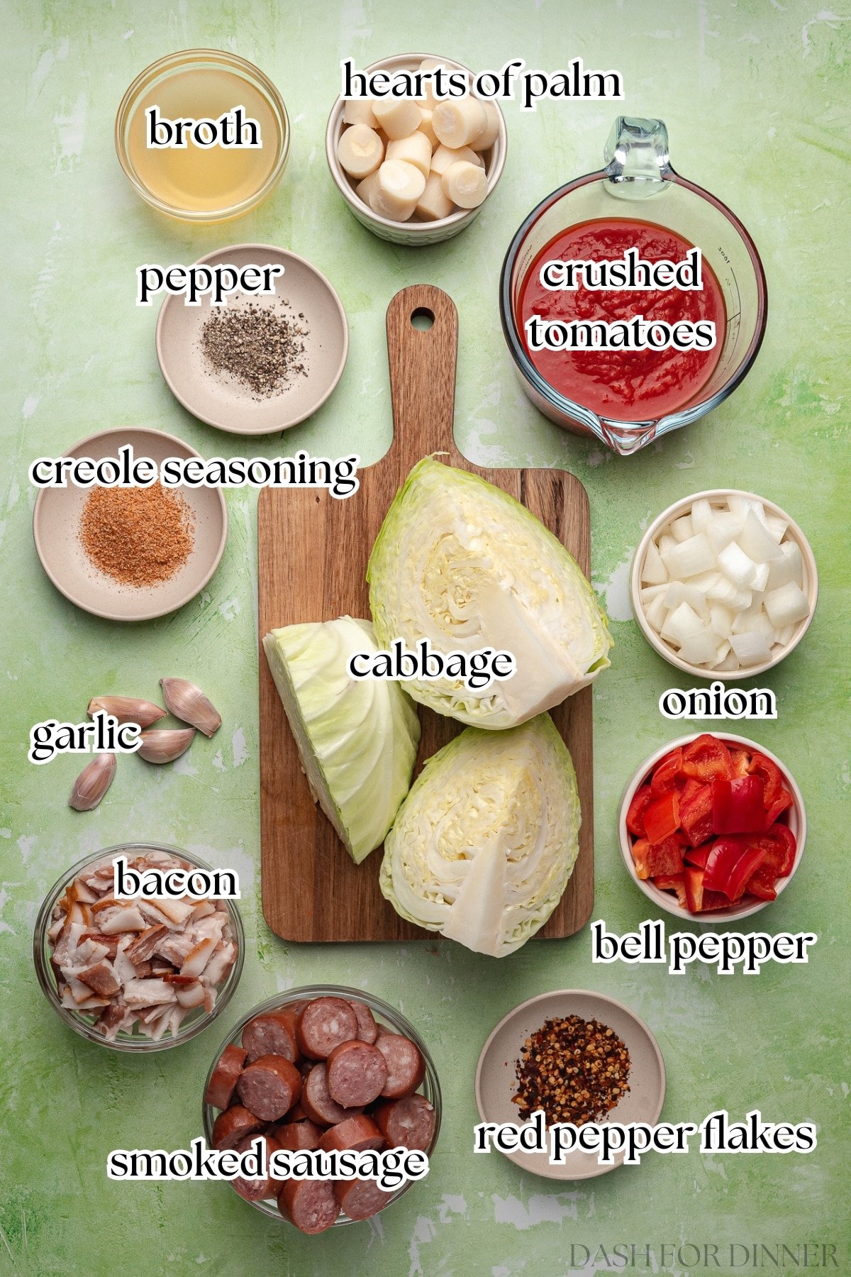The ingredients needed to make swamp cabbage, including smoked sausage, bacon, and seasoning.