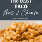 Spooning a large portion of mac and cheese from a skillet.