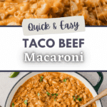 A skillet filled with taco mac and cheese with a wooden spoon on the side.