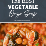 A ladle full of vegetable soup with orzo and chickpeas.