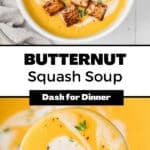 A bowl of butternut squash soup garnished with croutons and drizzled with coconut milk.