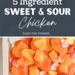 A sheet pan filled with sweet and sour chicken, including pineapple chunks.