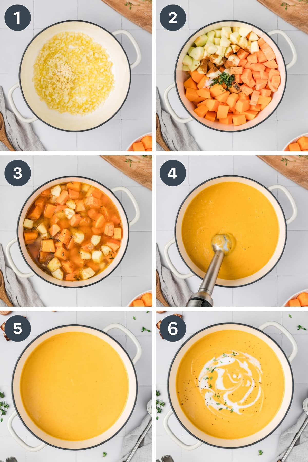 Cooking butternut squash and apples in a dutch oven with broth.