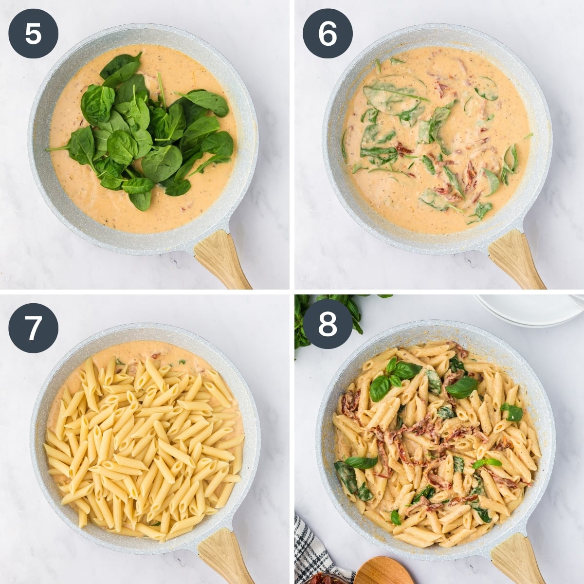 Adding spinach and pasta to a creamy sauce to make a pasta dish.