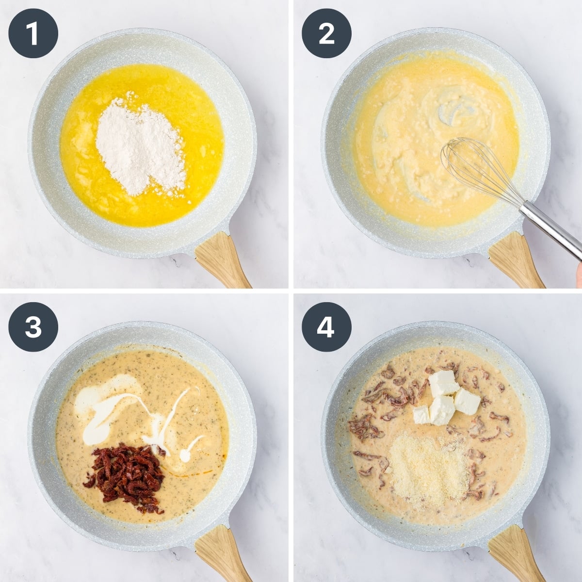 Making a roux with flour, butter, and various other ingredients.