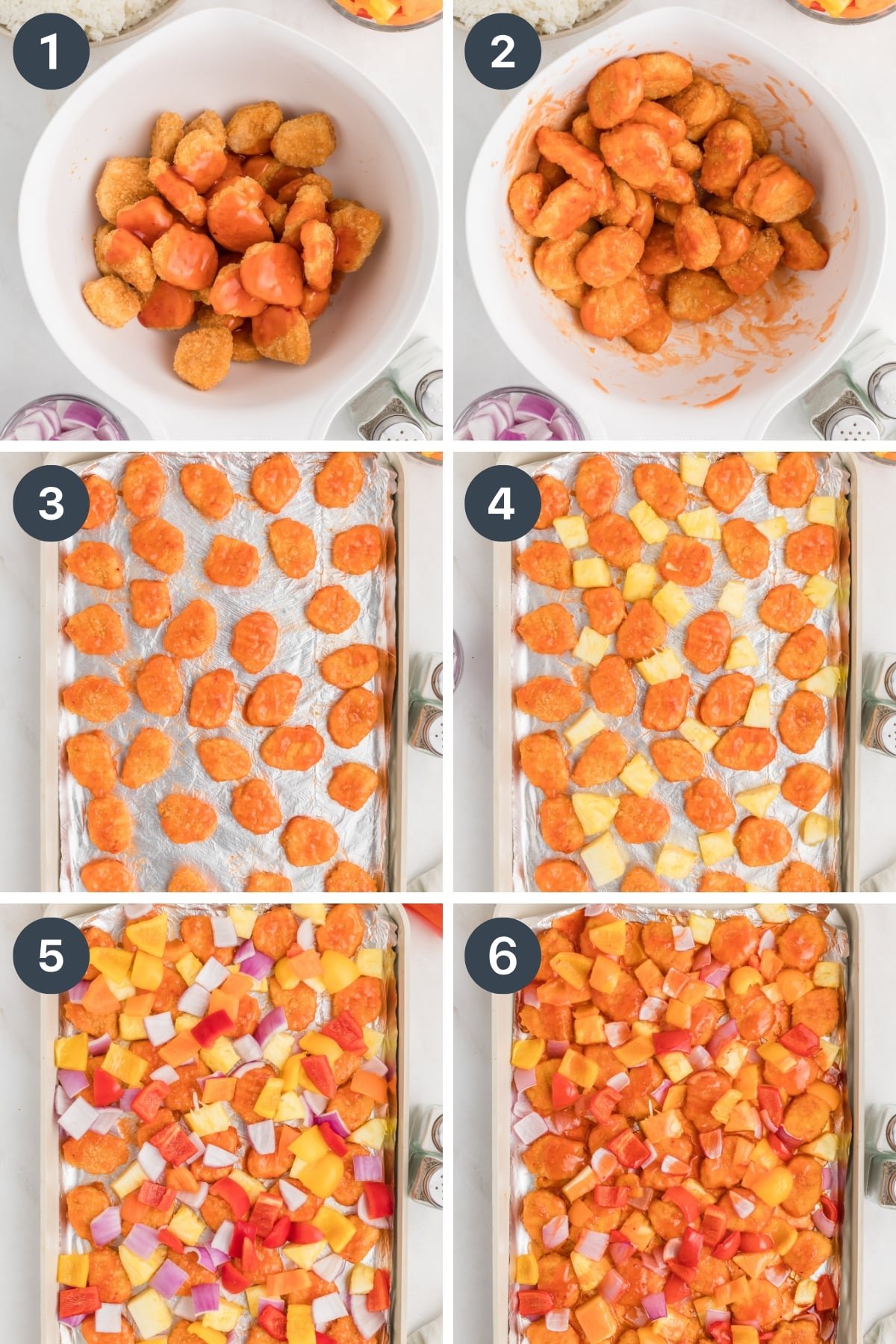 Adding chicken nuggets and veggies to a sheet pan to make sweet and sour chicken nuggets.