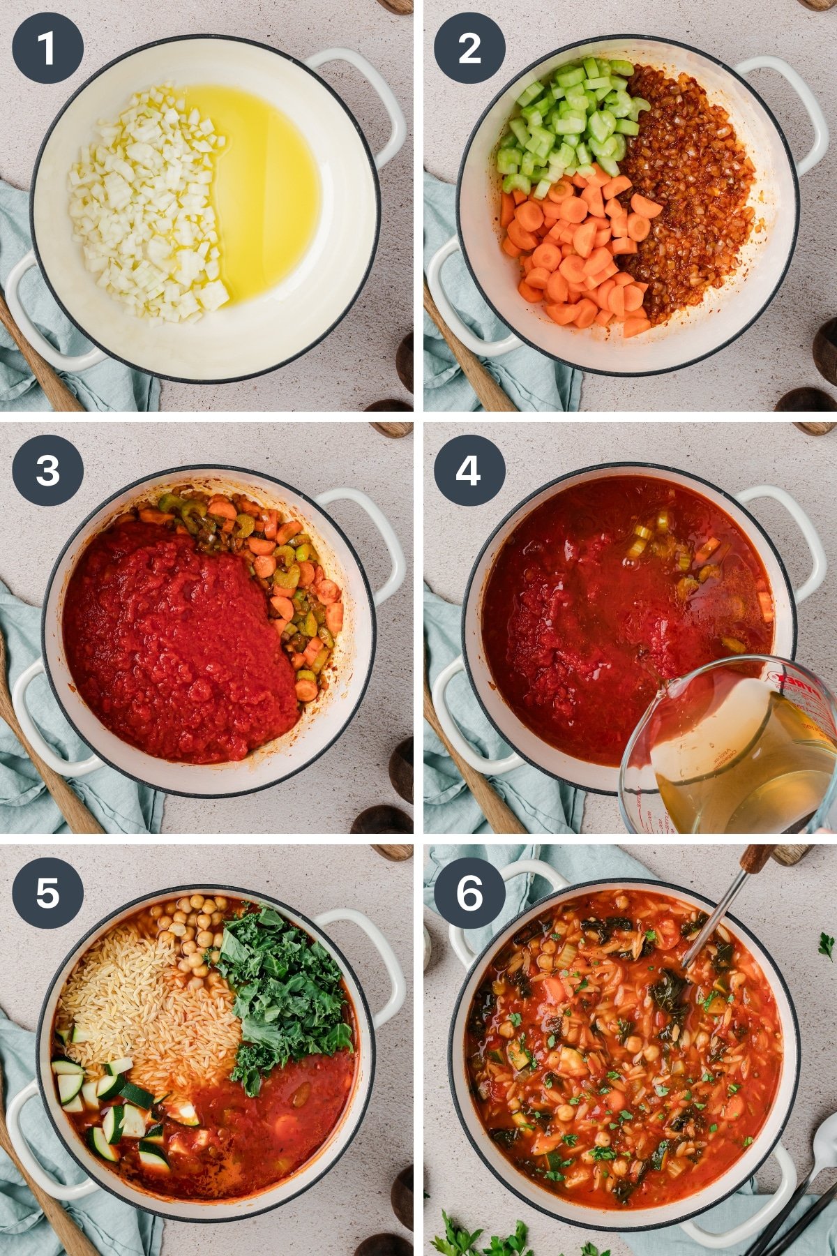 Adding aromatic vegetables, crushed tomatoes, and broth to a large pot to make soup.