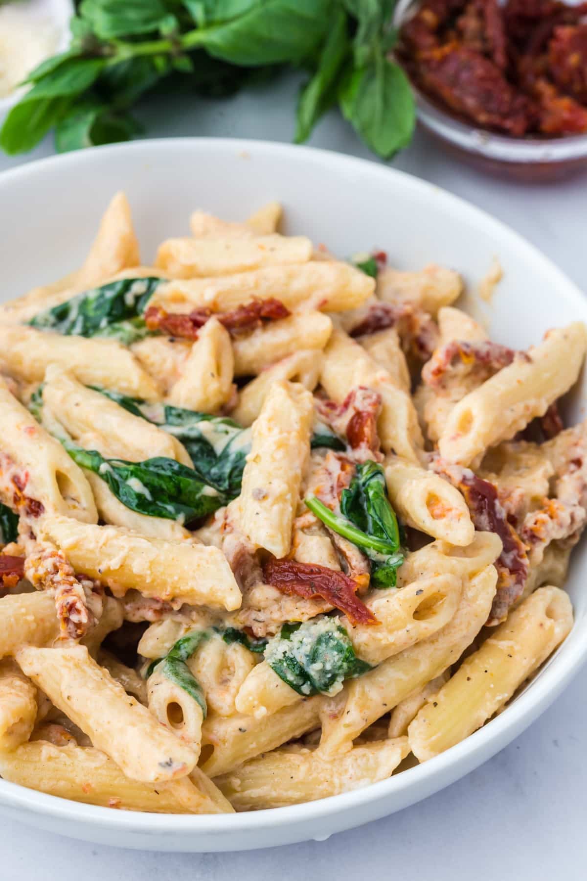 A bowl of penne pasta in a creamy sauce.