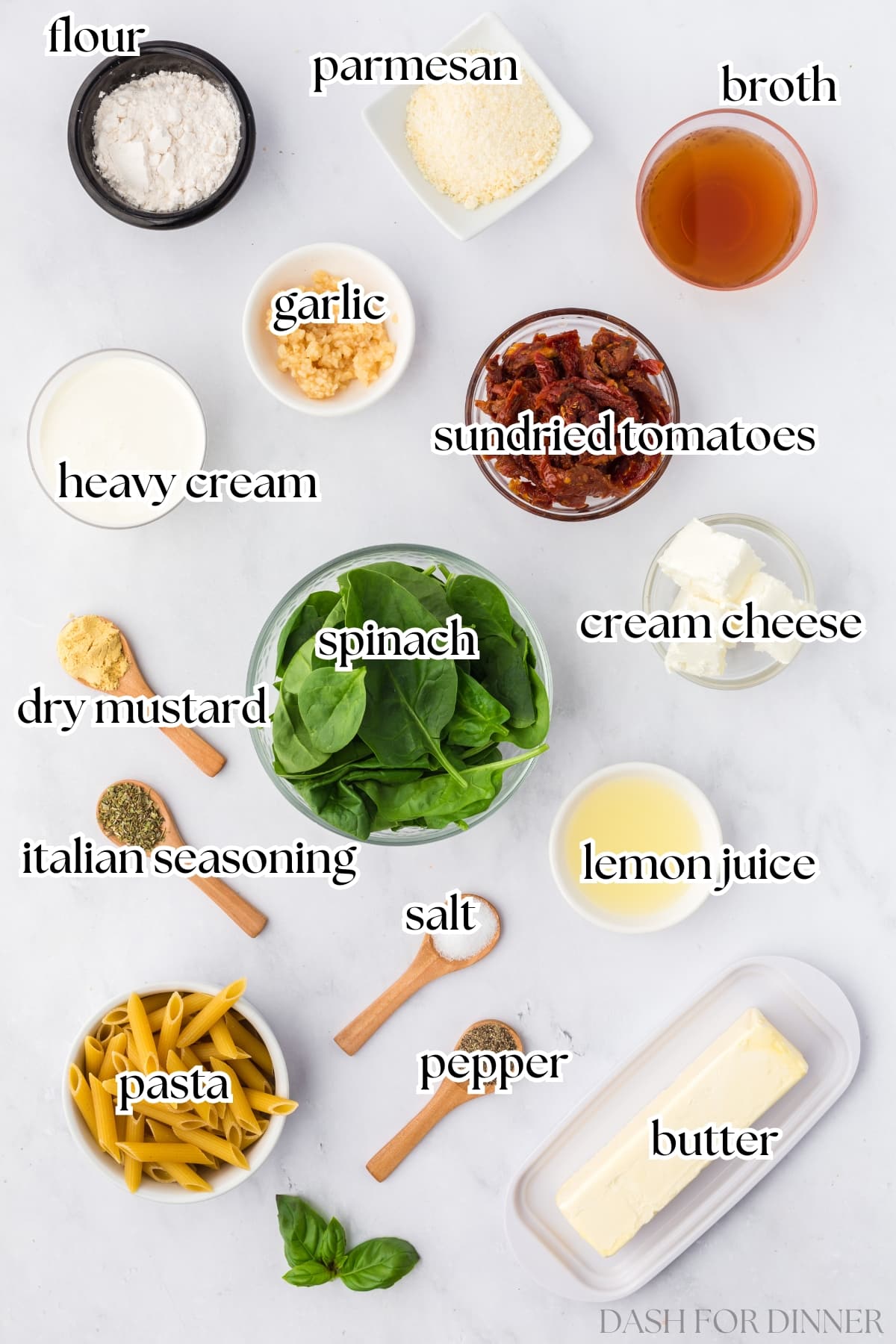 The ingredients needed to make sundried tomato penne pasta.