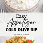 A bowl of cream cheese dip topped with sliced olives.