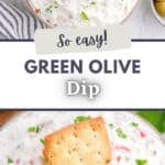 A cracker dipping into an olive dip dotted with parsley.