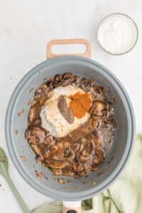 Sauteed mushrooms and onions with added condensed soup and seasonings.