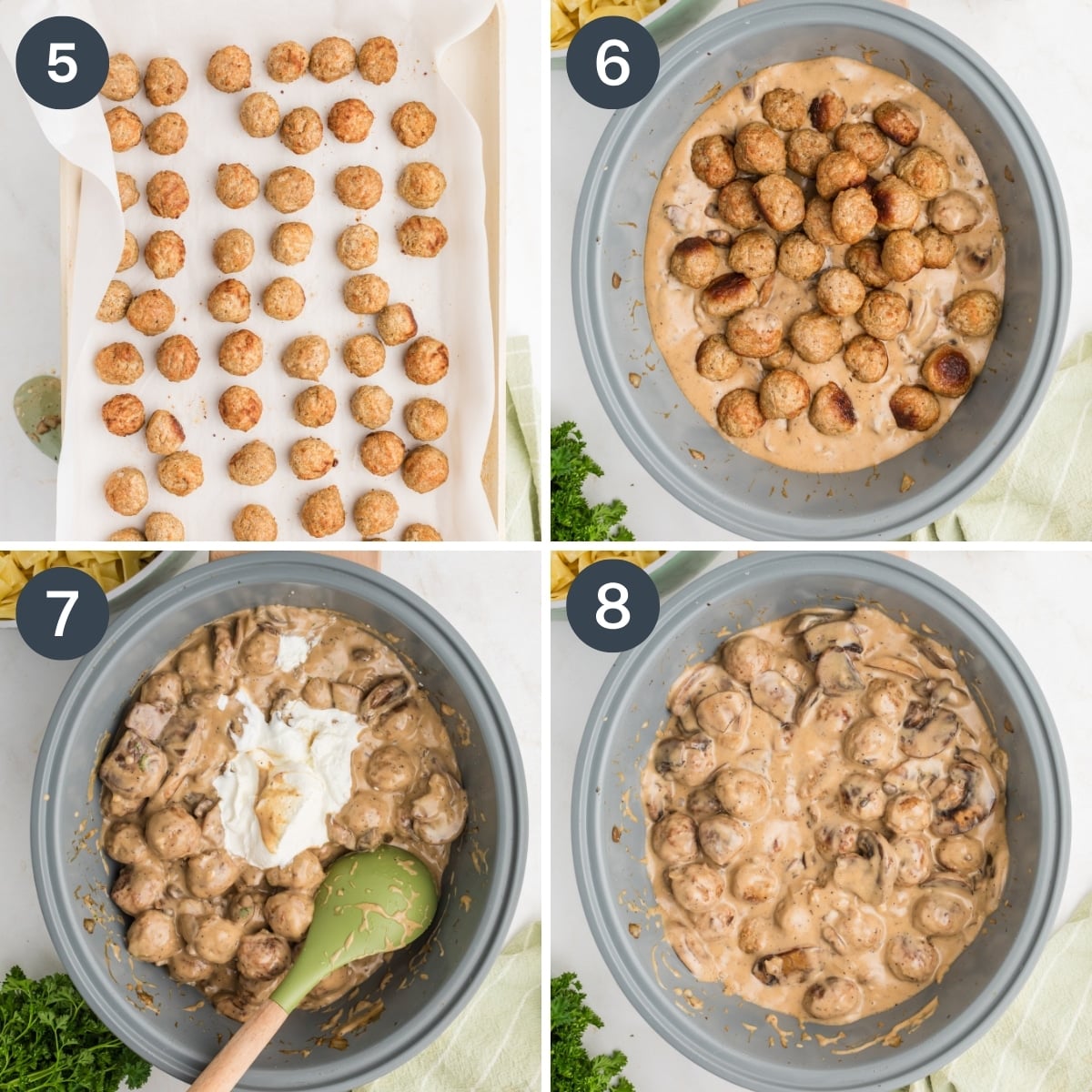 Baking meatballs on a sheet pan, then adding them to a skillet with sauce to make stroganoff.