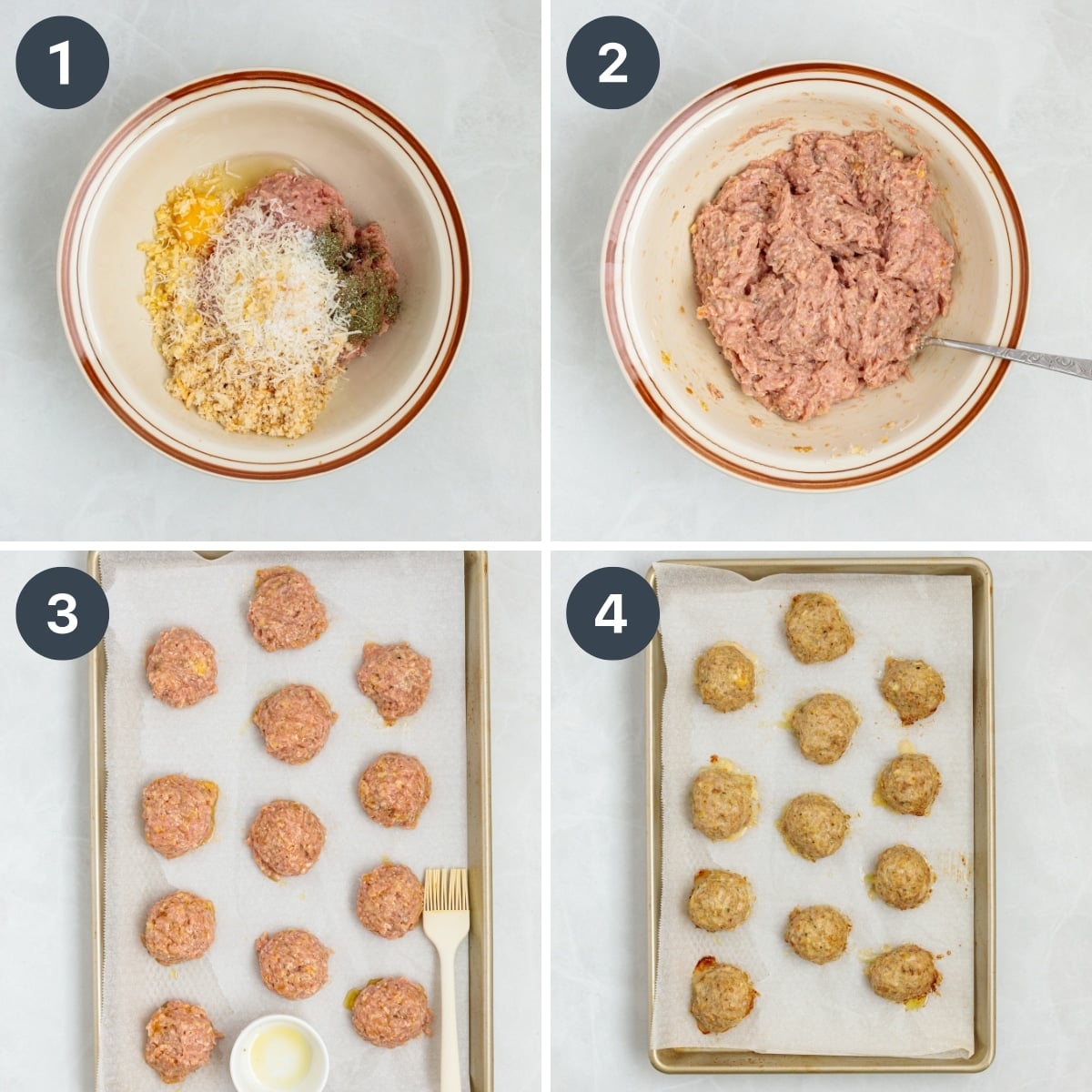 Combining meatball ingredients in a bowl, then scooping and rolling into balls and baking on a baking sheet.