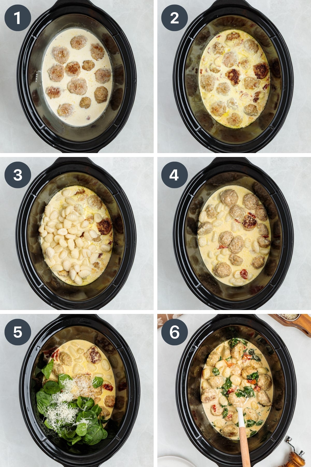 Adding chicken meatballs to a slow cooker, then adding gnocchi, spinach, and parmesan.