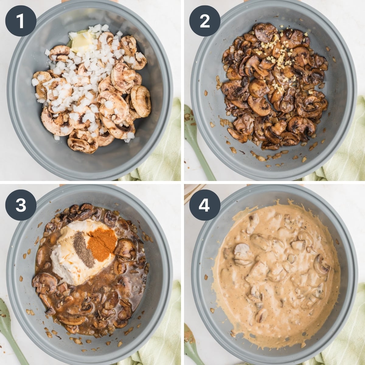 Sauteing mushrooms and onions, then adding condensed soup and seasonings to make a creamy mushroom sauce.