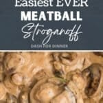 A ladle taking a portion of creamy meatballs from a pan.