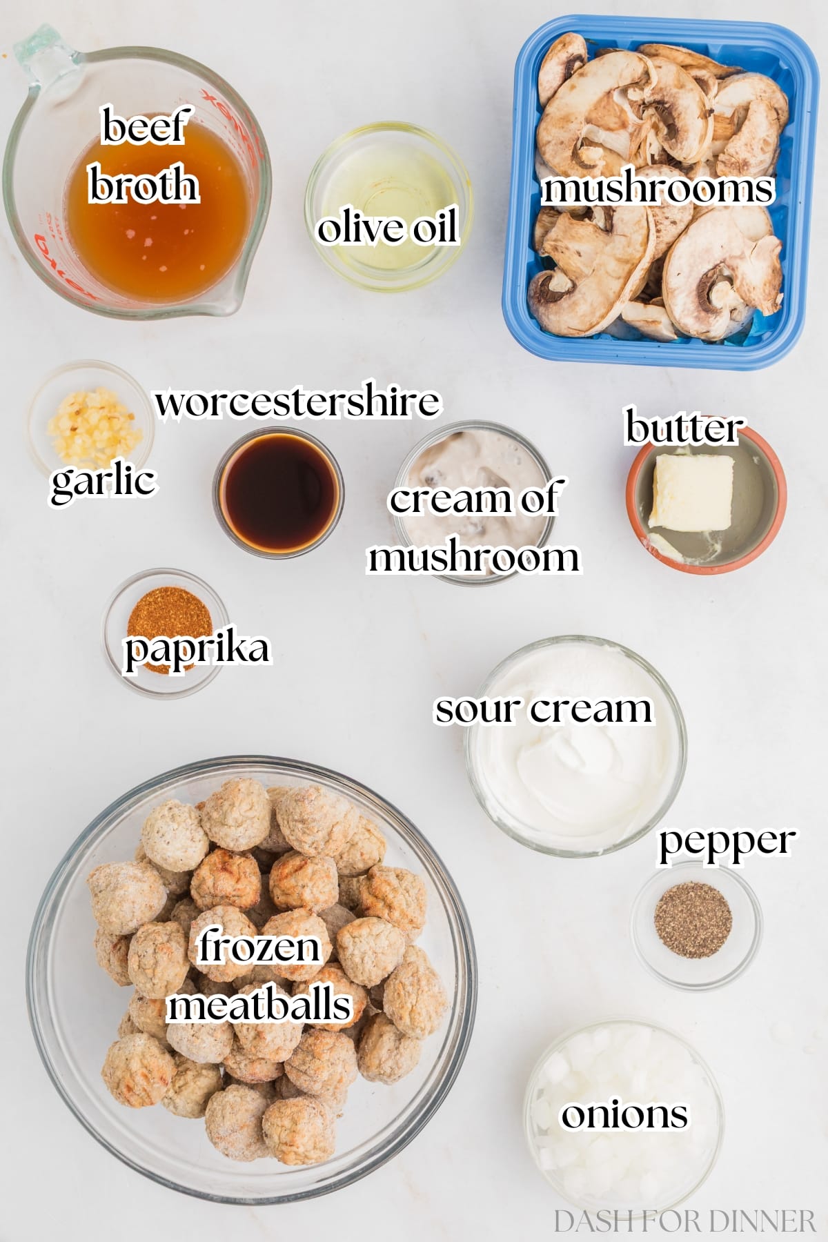 The ingredients needed to make meatball stroganoff, including frozen meatballs, sliced mushrooms, broth, etc.