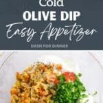 A bowl with cream cheese, chopped olives, parsley, and seasonings.