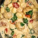 Chicken meatballs and gnocchi in a creamy sauce, including spinach and sundried tomato.