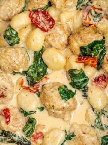 Chicken meatballs and gnocchi in a creamy sauce, including spinach and sundried tomato.
