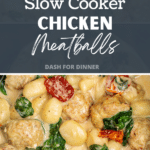 Taking a ladleful of chicken meatballs in cream sauce from a slow cooker.