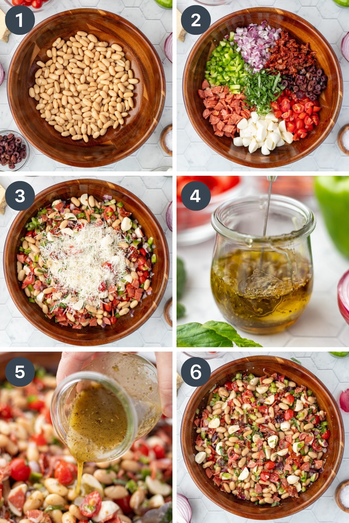 Adding vegetables, pepperoni, and other toppings to white beans to make a bean salad.