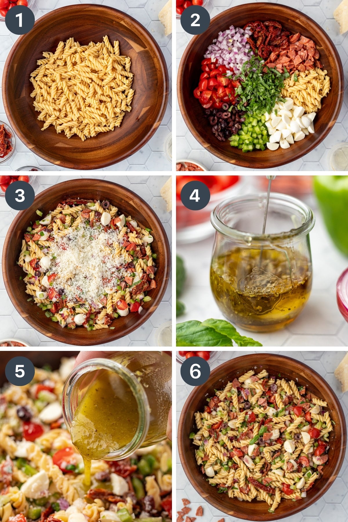 Adding vegetables to a bowl of cooked pasta, then tossing it with a homemade dressing.