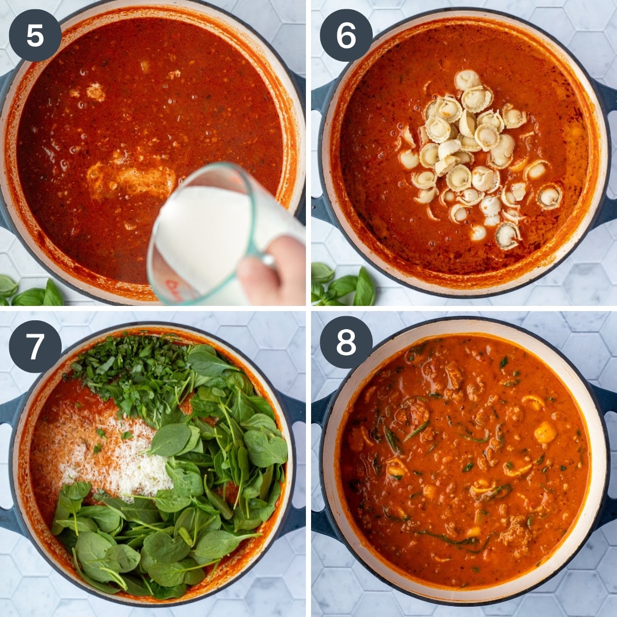Adding cream, tortellini, and spinach to a tomato based soup.