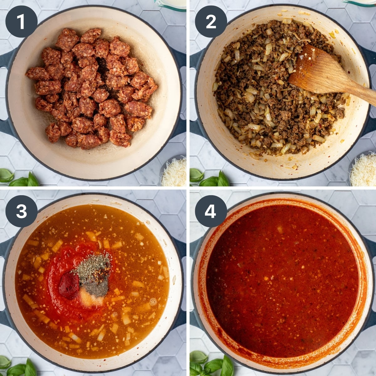 Browning sausage in a Dutch oven, then adding broth and marinara sauce.